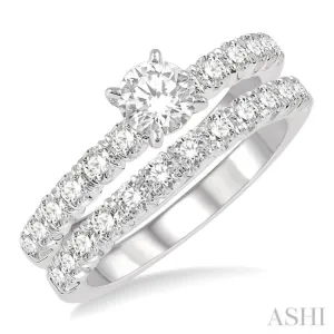 1 1/2 Ctw Diamond Wedding Set With 1 Ctw Round Cut Engagement Ring and 1/2 Ctw Wedding Band in 14K White Gold