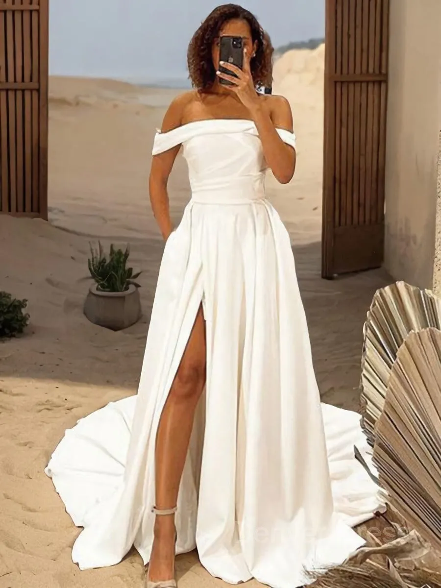 A-Line Off-the-Shoulder Sweep Train Satin Wedding Dresses With Leg Slit