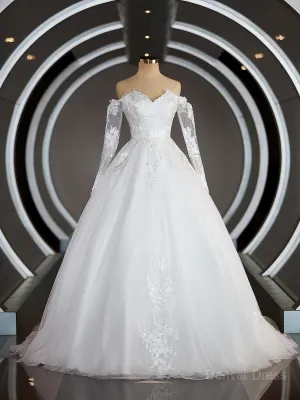 A-Line Off-the-Shoulder Sweep Train Tulle Wedding Dresses with Appliques Lace