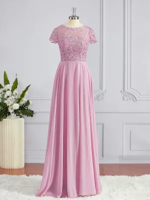 A-Line Scoop Floor-Length Chiffon Bridesmaid Dresses with Appliques Lace