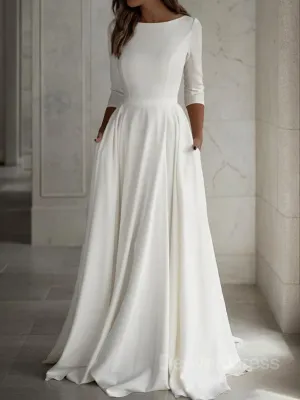 A-Line Scoop Floor-Length Stretch Crepe Wedding Dresses