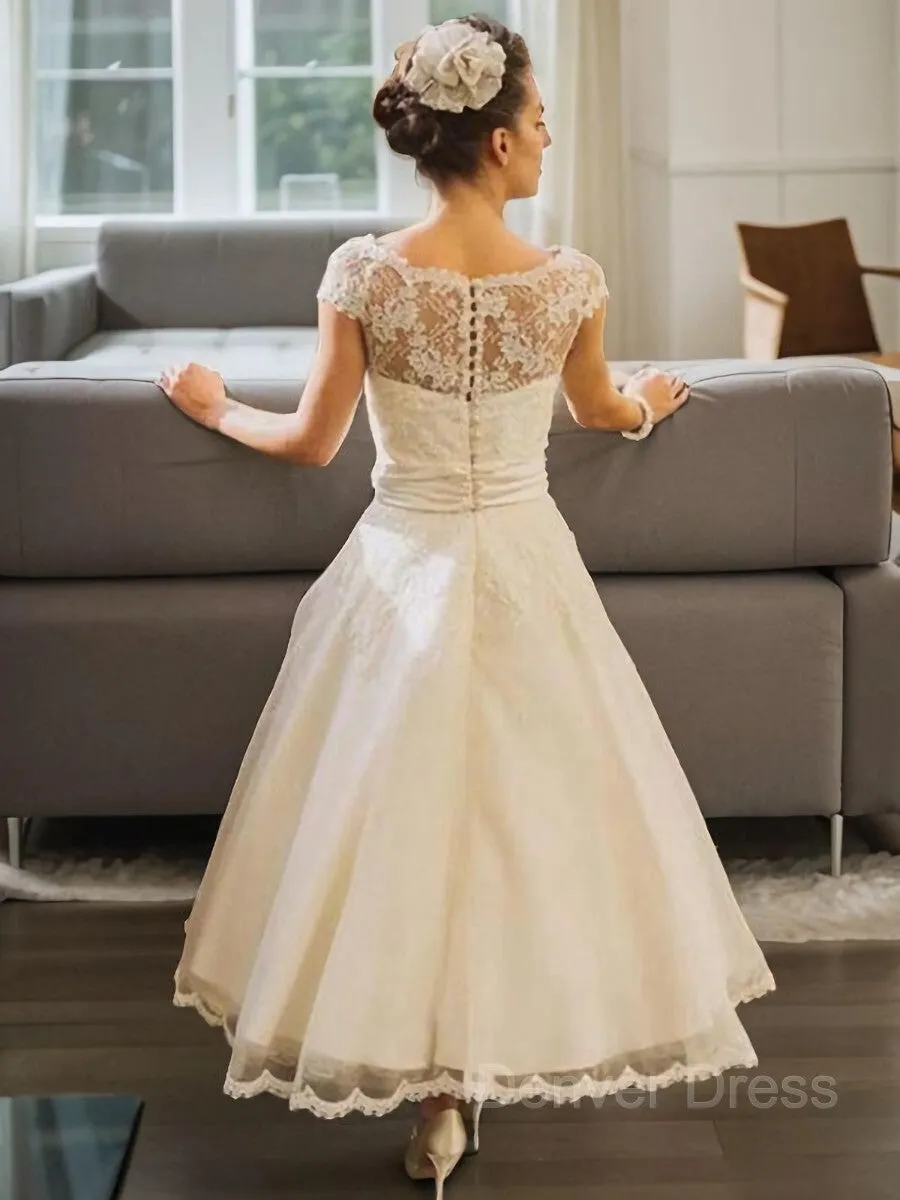 A-Line Scoop Tea-Length Tulle Wedding Dresses