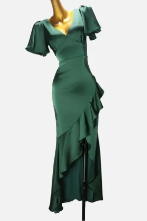 A-line Short Sleeves Silk Like Satin V-neck Ruffles Asymmetrical Bridesmaid Dress