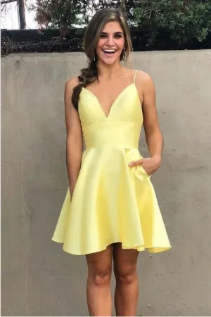 A-line Short Yellow Homecoming Dresses V-neck Party Dress with Pockets