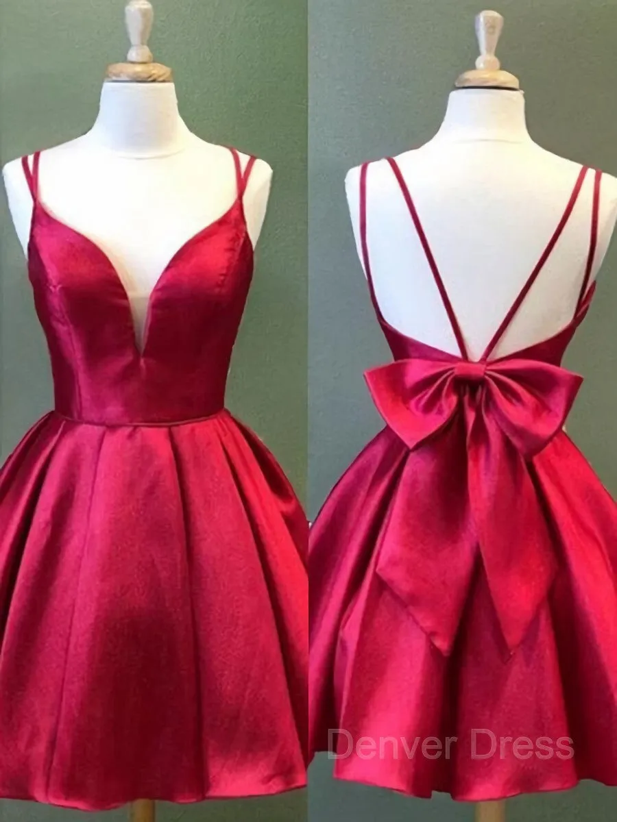 A-Line Spaghetti Straps Short Satin Homecoming Dresses With Bow