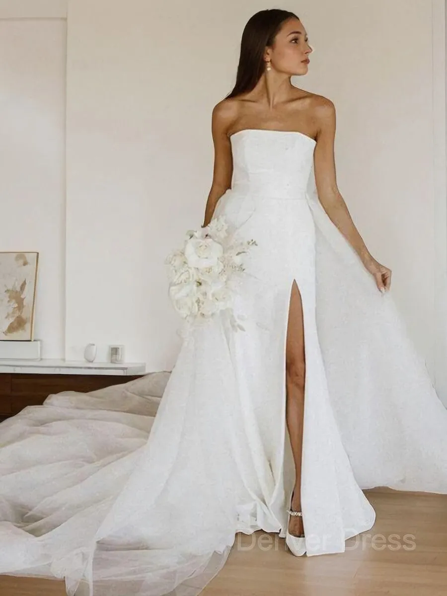 A-Line Strapless Cathedral Train Stretch Crepe Wedding Dresses With Leg Slit