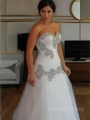 A-Line Sweetheart Floor-Length Tulle Wedding Dresses With Rhinestone