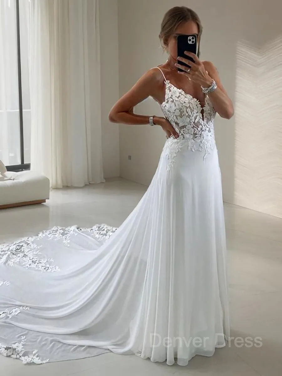 A-Line V-neck Chapel Train Chiffon Wedding Dresses With Appliques Lace