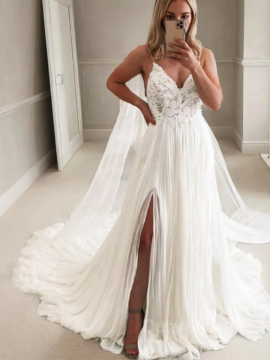 A-Line V-neck Chapel Train Chiffon Wedding Dresses With Leg Slit