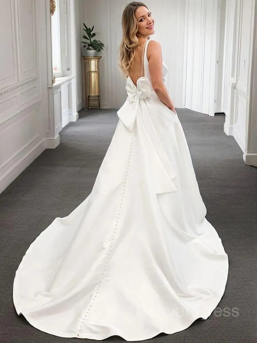 A-Line V-neck Court Train Satin Wedding Dresses With Bow