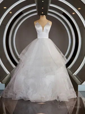 A-Line V-neck Floor-Length Tulle Wedding Dresses with Ruffles