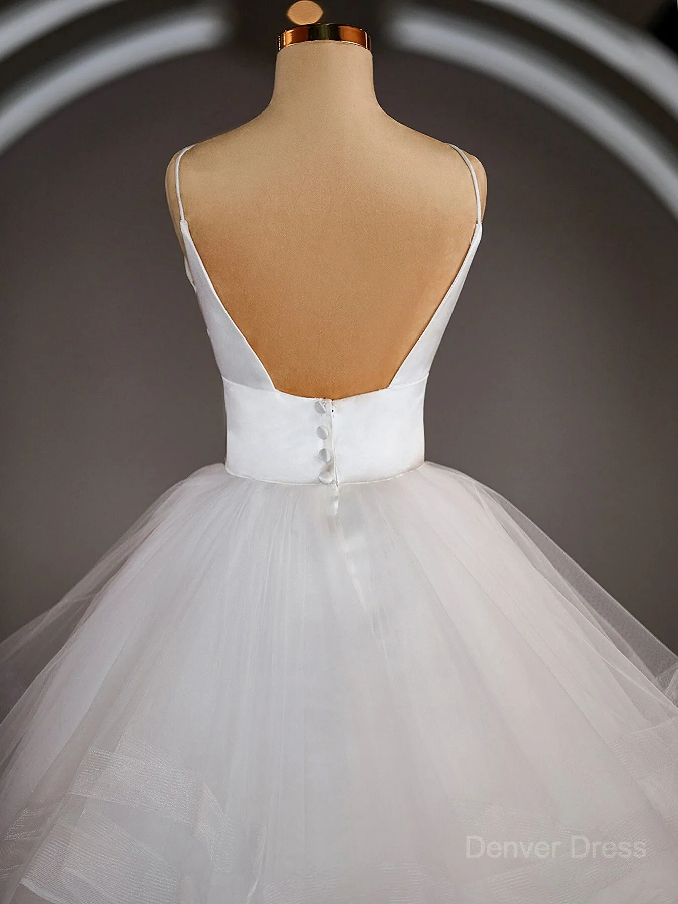 A-Line V-neck Floor-Length Tulle Wedding Dresses with Ruffles