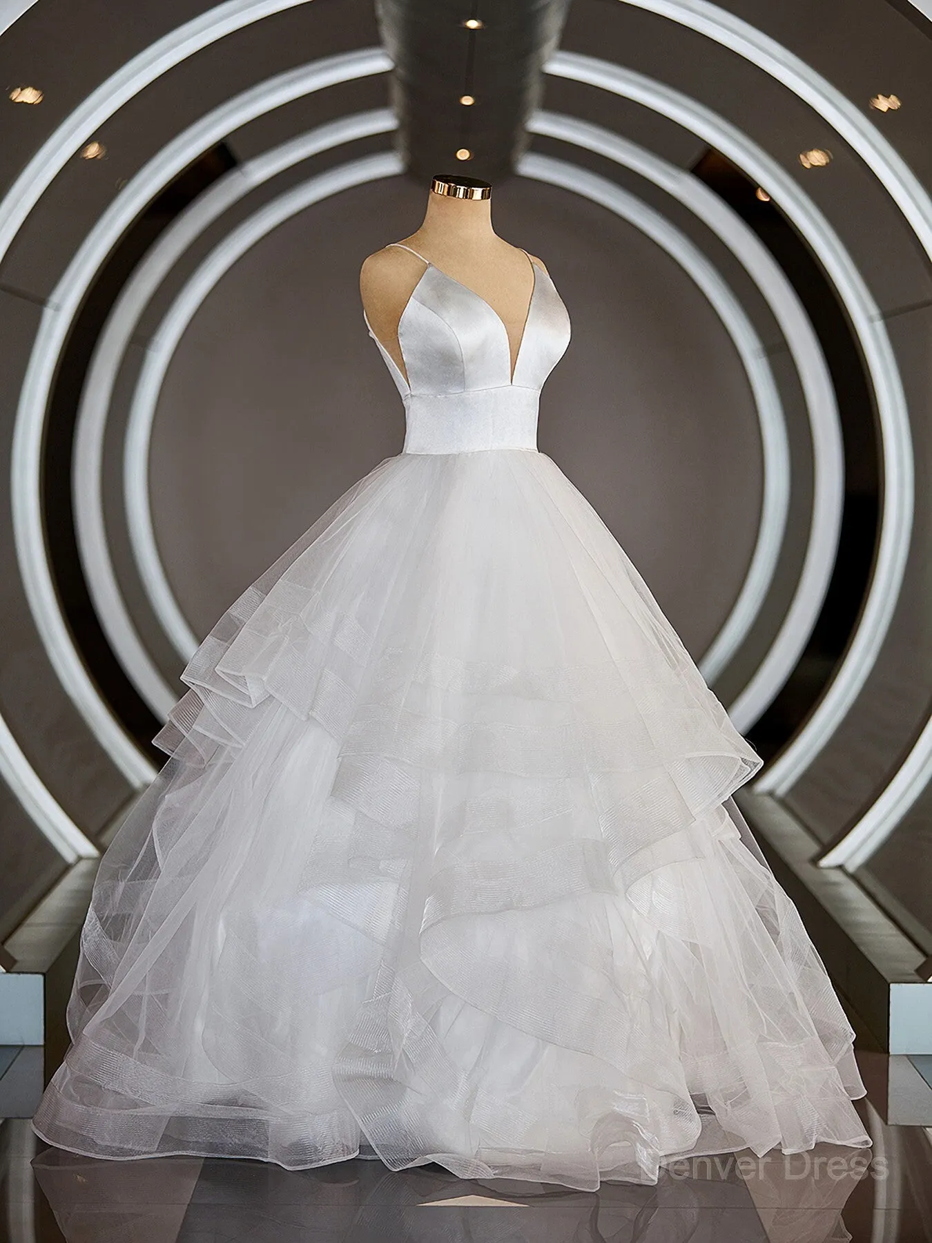 A-Line V-neck Floor-Length Tulle Wedding Dresses with Ruffles