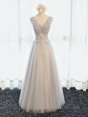 A Line V Neck Gray Floral Long Prom Dresses V Neck Gray Long Floral Formal Bridesmaid Dresses