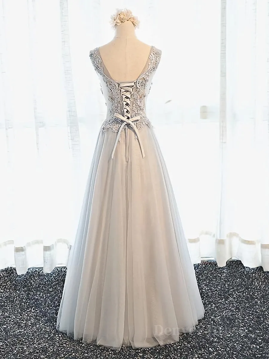 A Line V Neck Gray Floral Long Prom Dresses V Neck Gray Long Floral Formal Bridesmaid Dresses