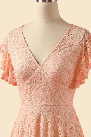 A-Line V-Neck Lace Peach Pink Bridesmaid Dress