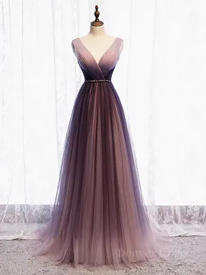 A Line V Neck Purple Ombre Prom Dresses V Neck Purple Ombre Formal Evening Bridesmaid Dresses