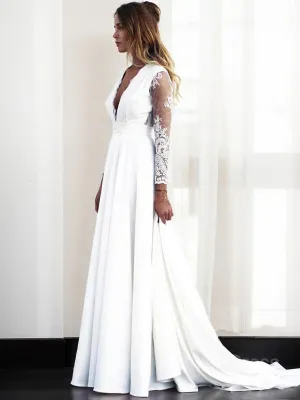 A-Line V-neck Sweep Train Stretch Crepe Wedding Dresses