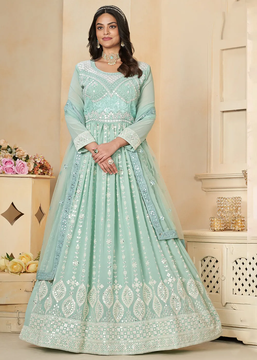 Aqua Blue Georgette Embroidered Wedding Anarkali Suit