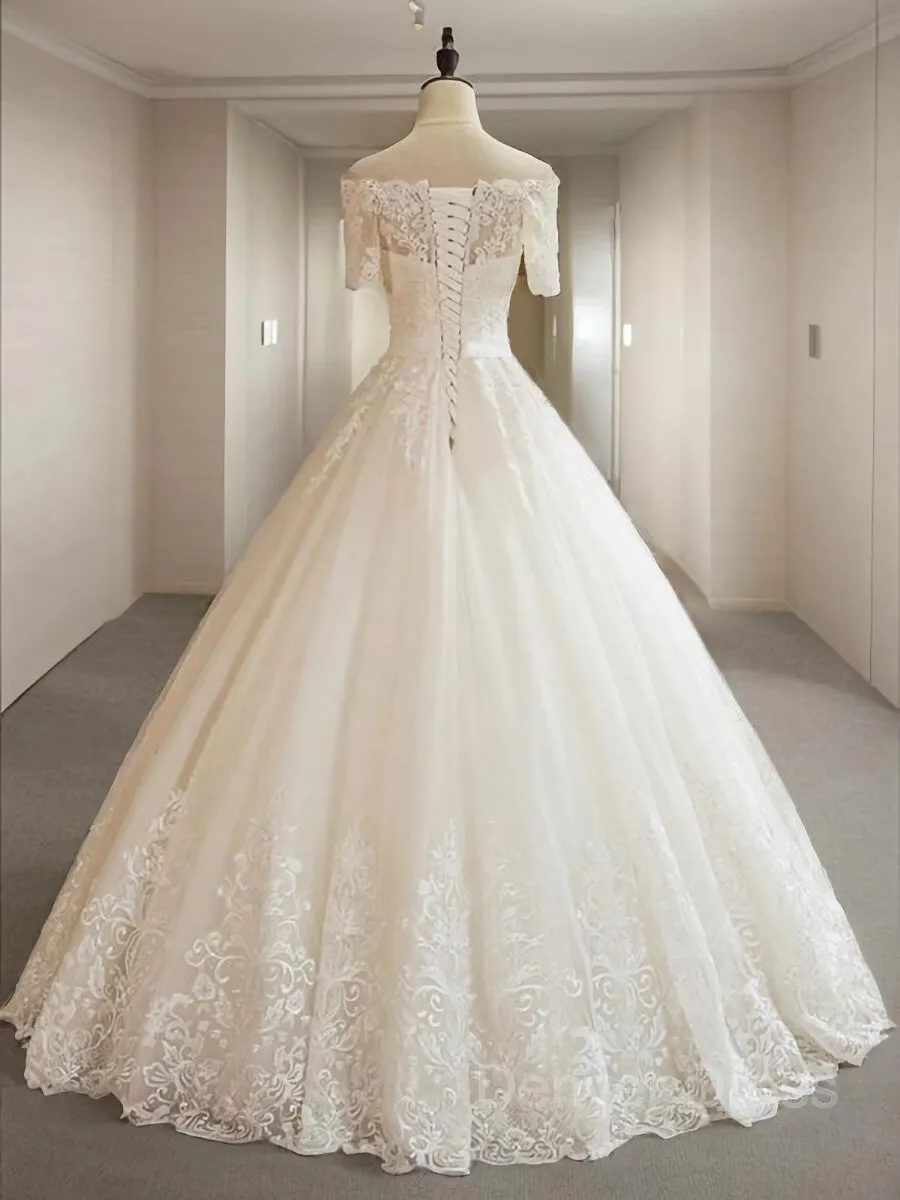 Ball Gown Off-the-Shoulder Floor-Length Tulle Wedding Dresses With Appliques Lace