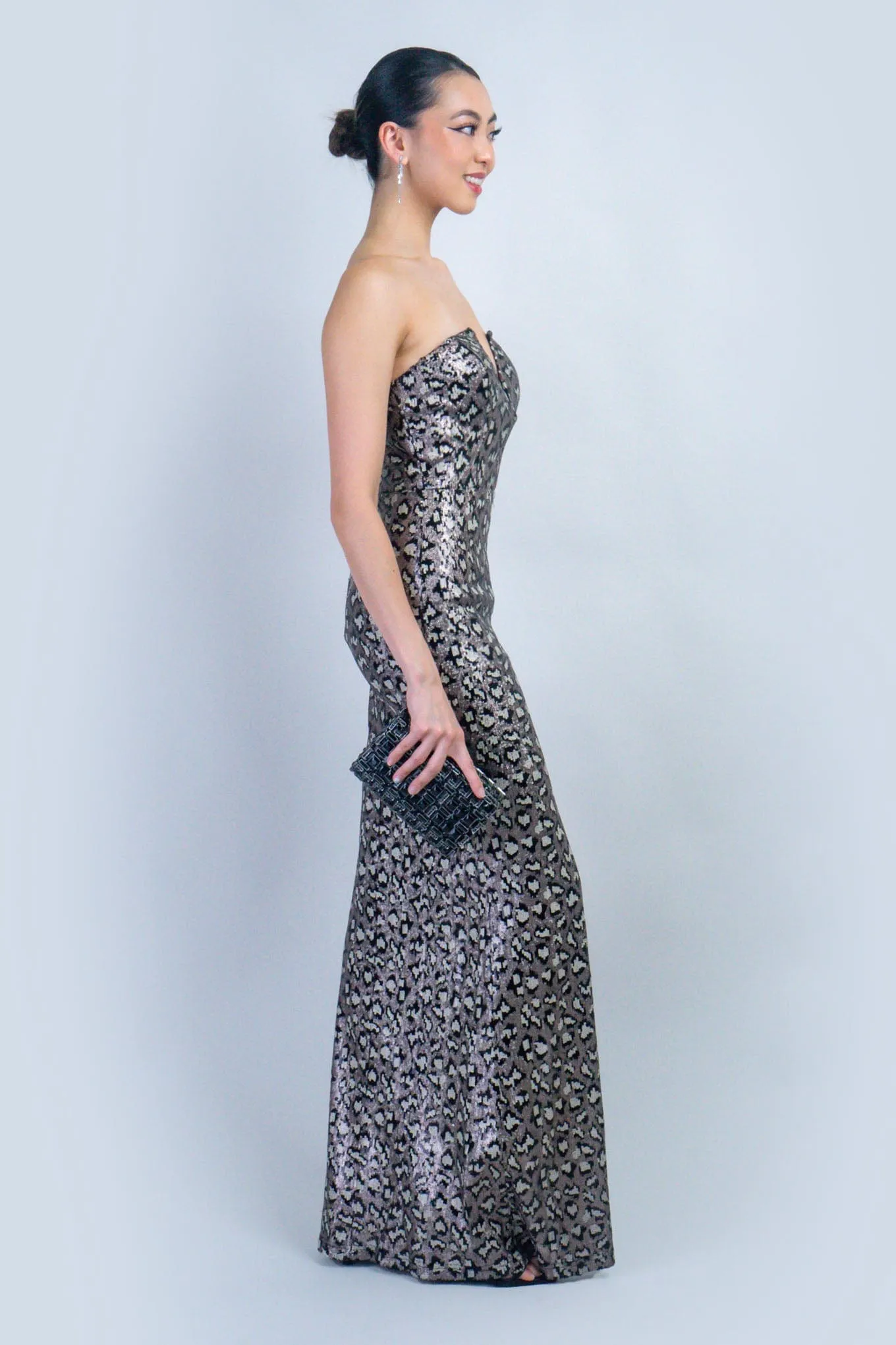 Black Multi Leopard Print Sequin Strapless Gown