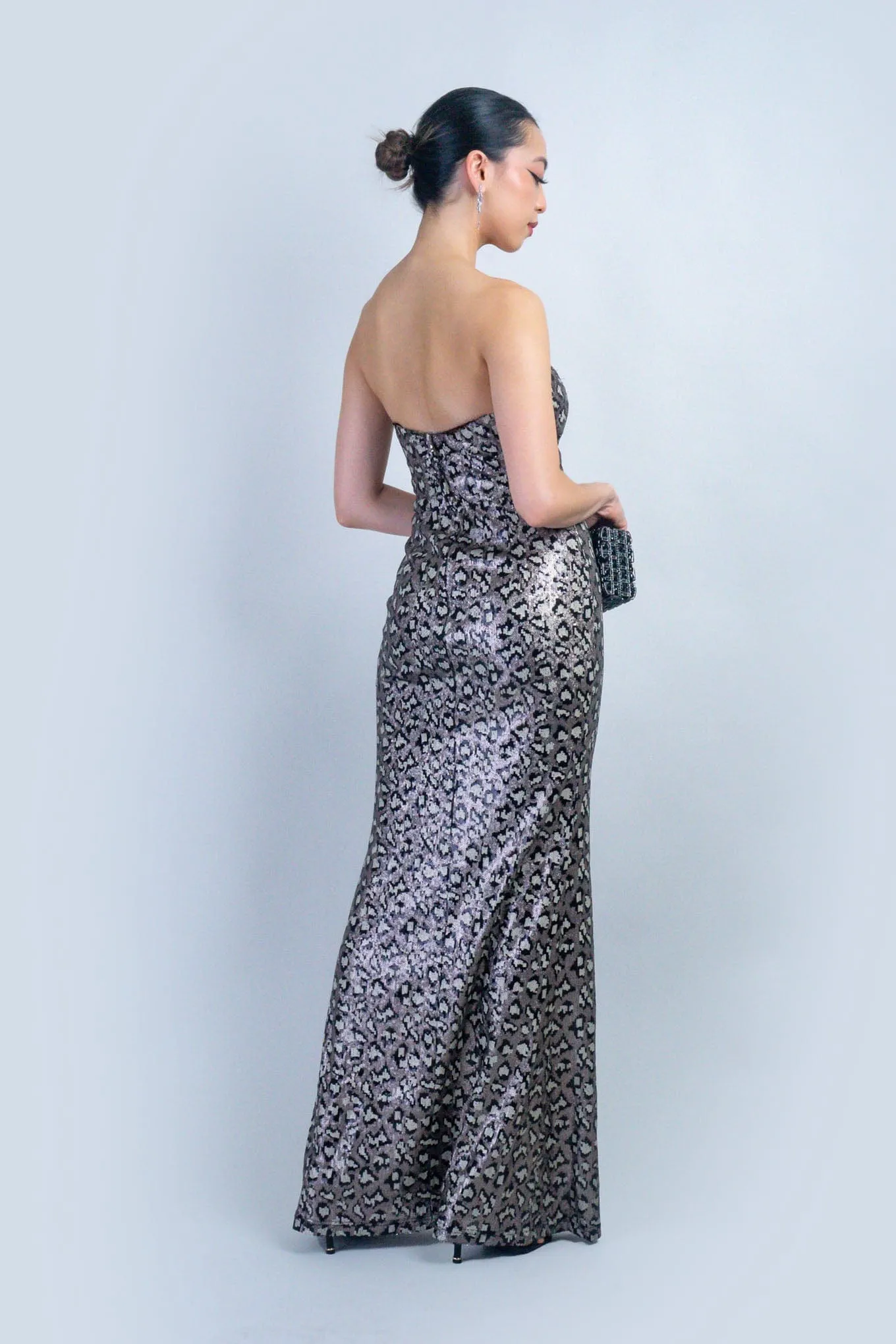 Black Multi Leopard Print Sequin Strapless Gown