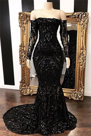 Black Sequins Mermaid Wedding Guest Dress with Sleeves