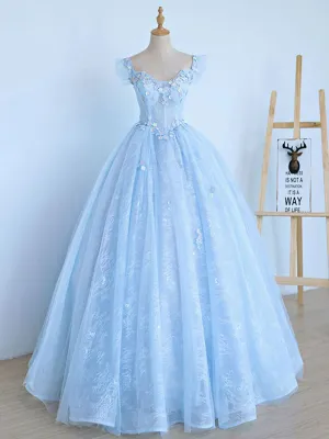 Blue A-Line Tulle Lace Long Prom Dresses, Blue Lace Formal Evening Dresses