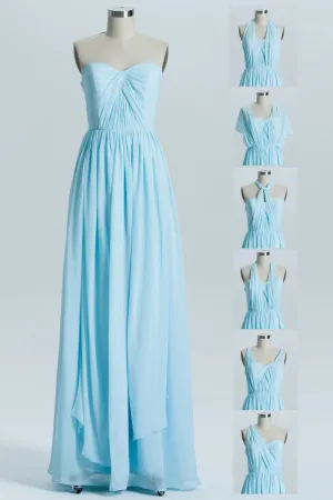 Blue Chiffon A-line Long Convertible Bridesmaid Dress