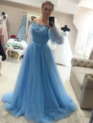 Blue round neck tulle lace long prom dress, blue evening dress