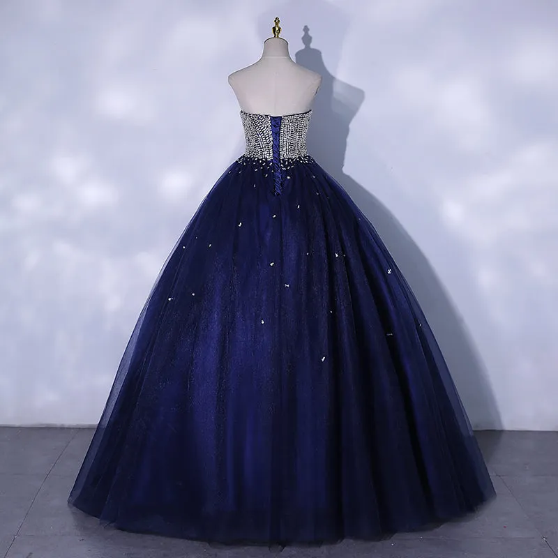 Blue Sequins and Beaded Ball Gown Tulle Lace-up Formal Dress,Blue Evening Dress Party Dresses