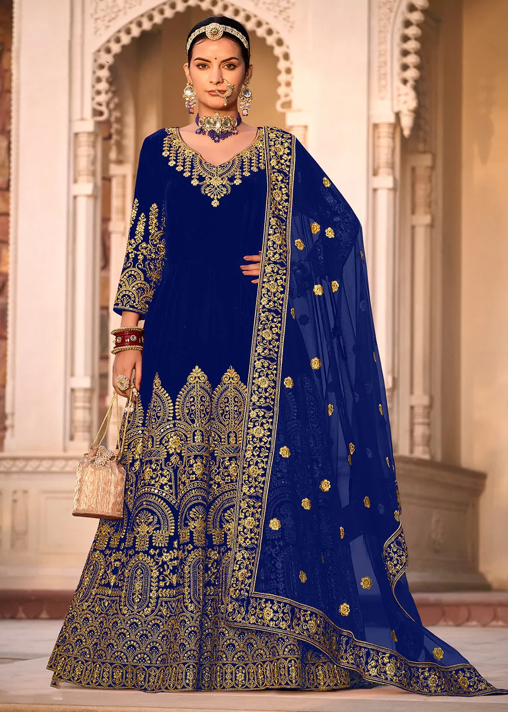 Blue Velvet Front & Back Embroidery Wedding Anarkali Suit