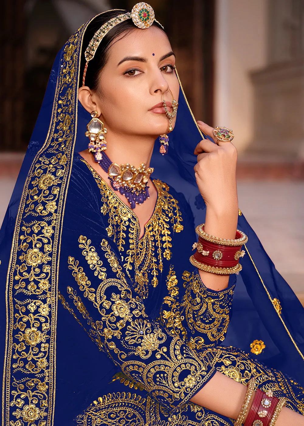 Blue Velvet Front & Back Embroidery Wedding Anarkali Suit