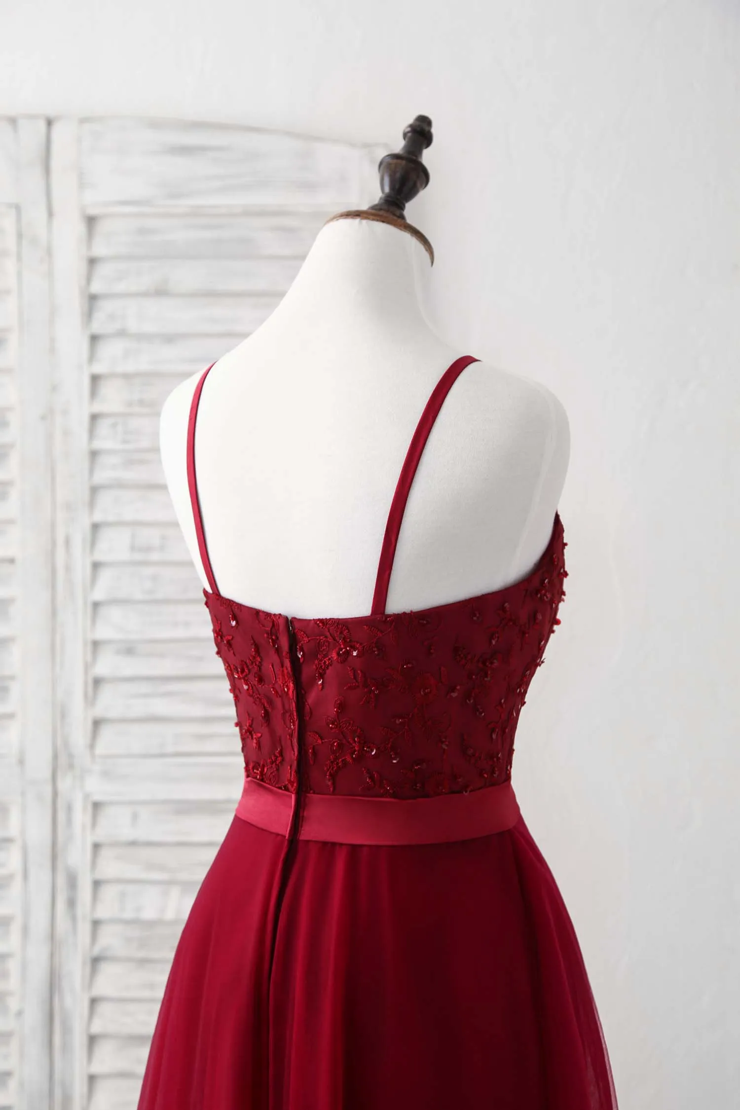 Burgundy Tulle Lace Long Prom Dress, Burgundy Bridesmaid Dress