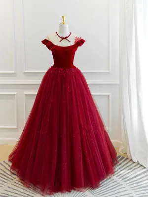 Burgundy tulle lace long prom dress, burgundy tulle evening dress