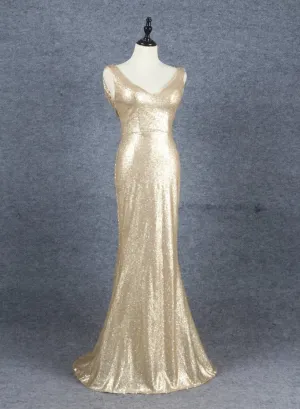 Champagne Sequins Low Back Long Bridesmaid Dresses, Mermaid Prom Dress Party Dress