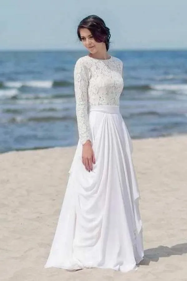 Chiffon Lace Long Sleeve White Zipper Beach Wedding/Bridal Dress WD451