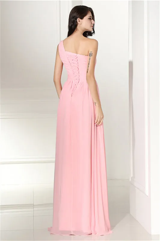 Chiffon Pink One Shoulder Long Bridesmaid Dresses