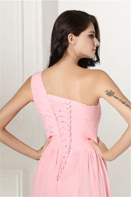 Chiffon Pink One Shoulder Long Bridesmaid Dresses