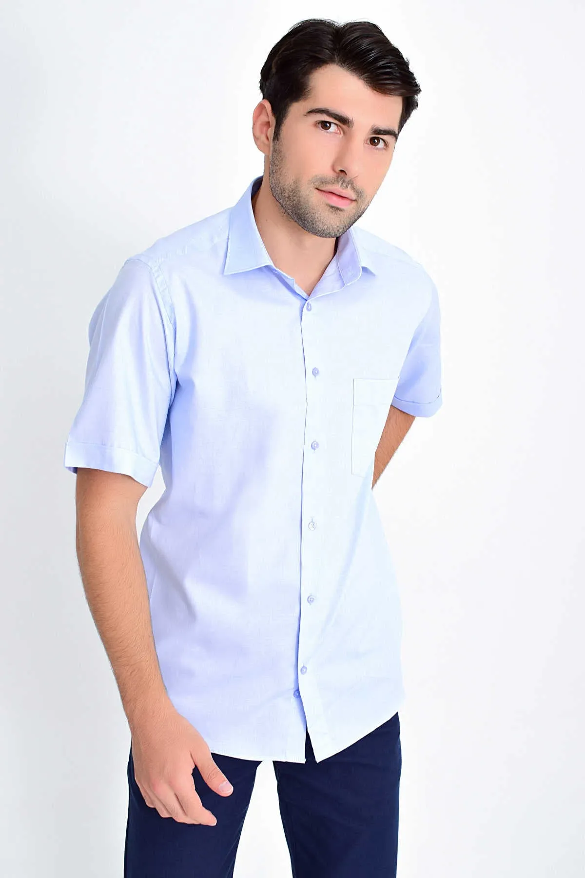 Classic Fit Short Sleeve Cotton Light Blue Dress Shirt