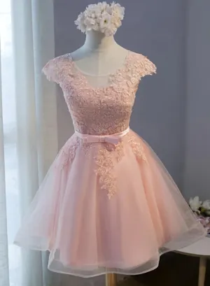 Custom Pink Lovely Cap Sleeves Knee Length Formal Dress Pink Tulle Prom Dress