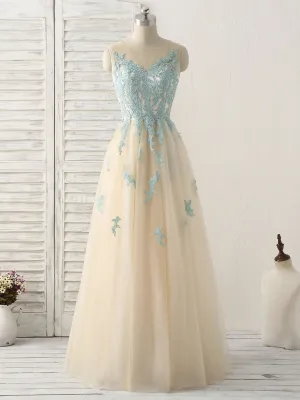 Cute Champagne Lace Long Prom Dress, A Line Tulle Bridesmaid Dress