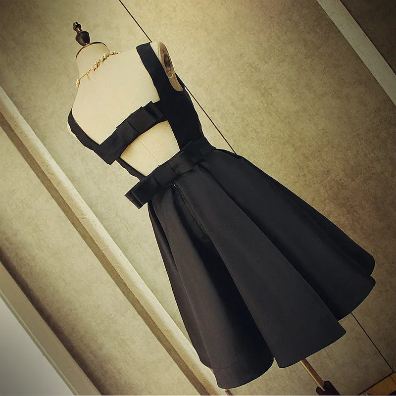 Cute Short Black Satin Knee Length Homecoming Dress, Black Party Dress