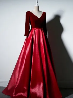 Dark Red Velvet and Satin V-neckline Long Prom Dresses Evening Dress, Red Bridesmaid Dresses