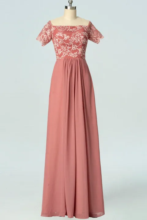 Dusty Rose Square Neck Short Sleeve Long Bridesmaid Dress