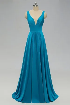 Elegant A-Line Sexy V Neck Gold Long Modest Side-Slit Blue Bridesmaid Dress