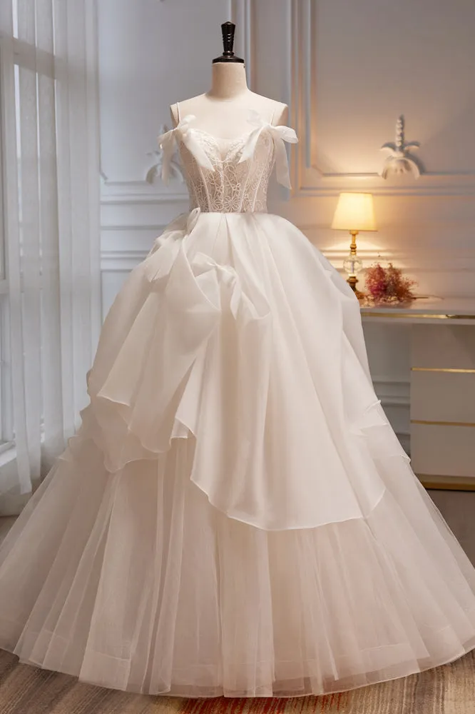 Elegant Ivory Spaghetti Straps Ball Gown with Bowknot A Line Tulle Long Prom Dresses