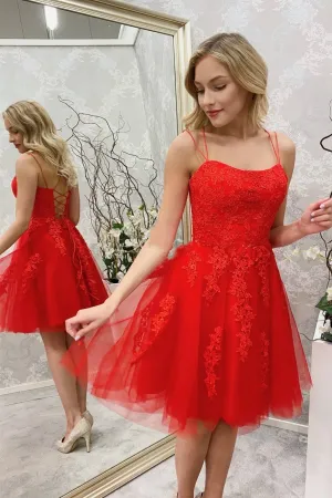 Elegant Spaghetti Straps Red Lace Short Homecoming Dress,Formal Mini Dresses