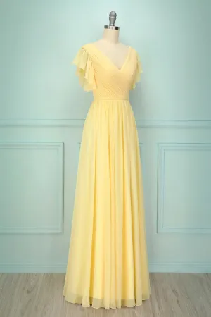 Elegant V Neck Pleated Yellow Bridesmaid Dress with Ruffles