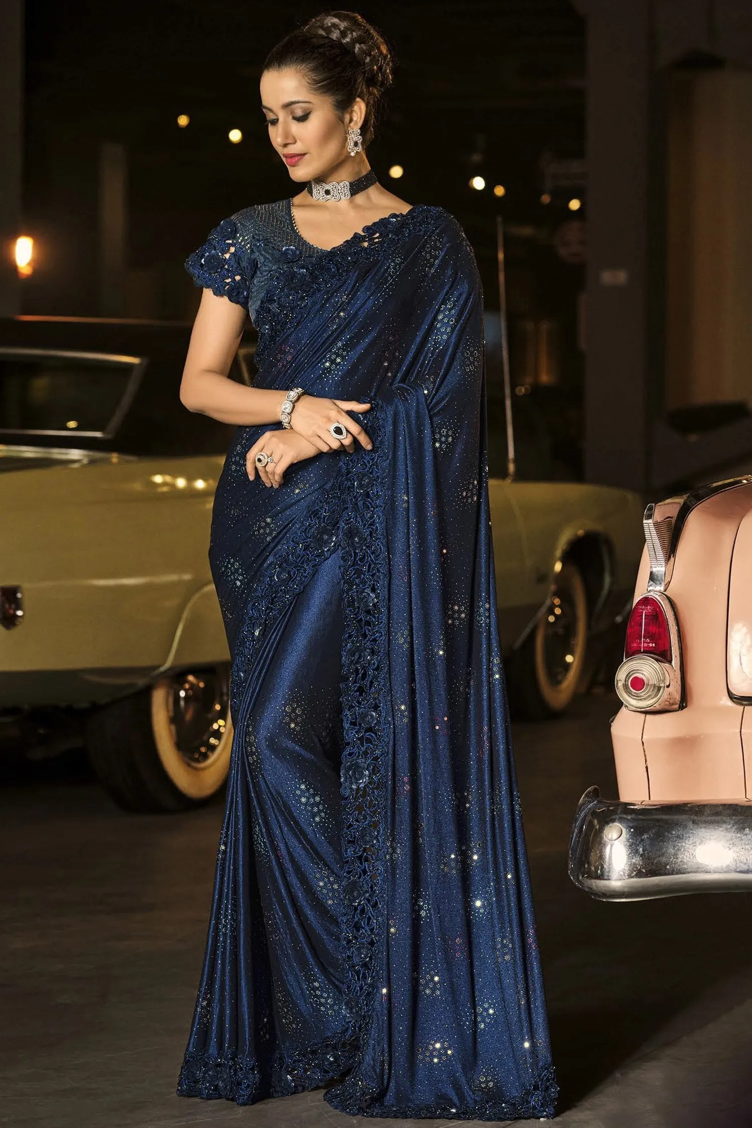 Fancy Navy Blue Luxe Fabric Designer Saree